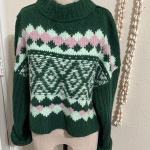 Free People Forest Green and Pink Turtleneck Sweater